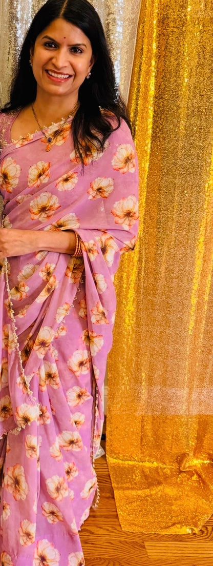 Lavender floral georgette designer saree