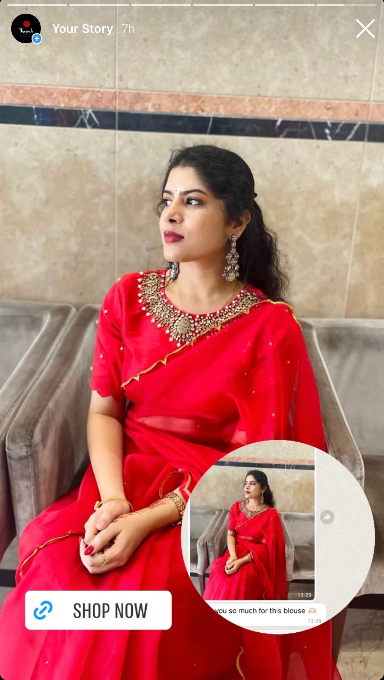 Red organza saree with jewel neck red blouse