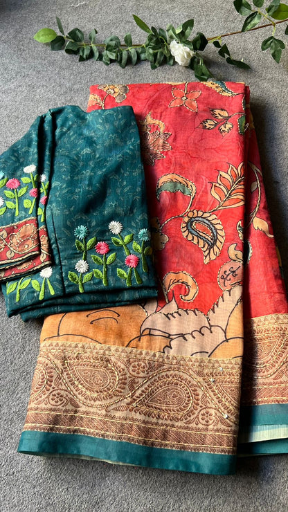 Kantha red floral saree with embroidery blouse