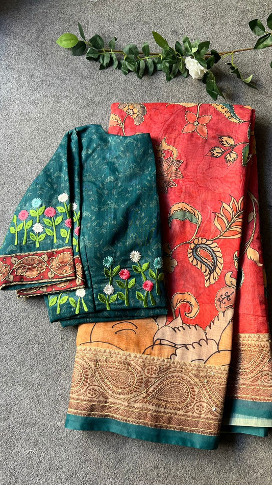 Kantha red floral saree with embroidery blouse