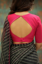 Black & cream stripe kota saree with pink hand work blouse