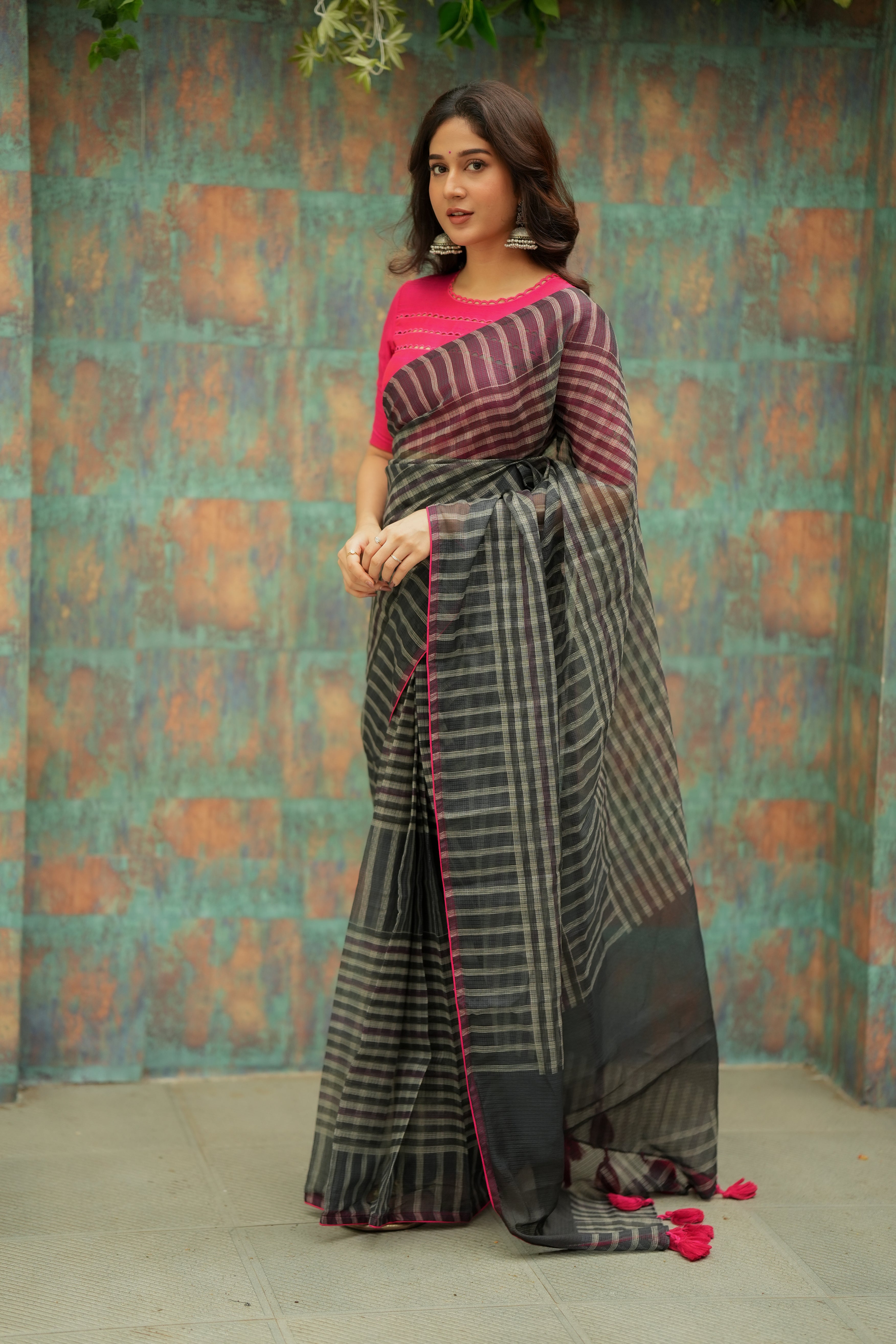 Black & cream stripe kota saree with pink hand work blouse