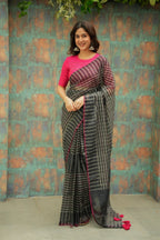 Black & cream stripe kota saree with pink hand work blouse