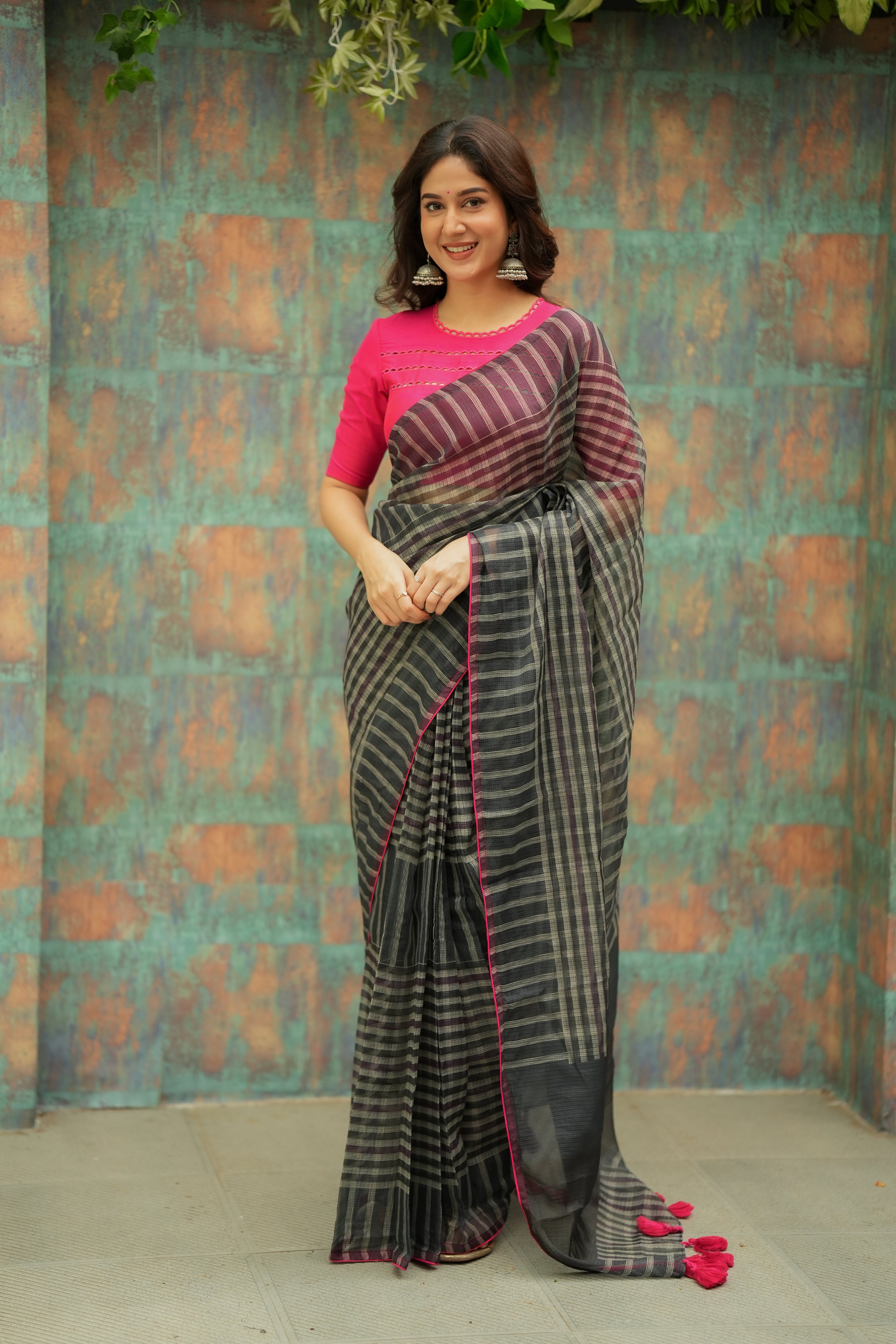 Black & cream stripe kota saree with pink hand work blouse