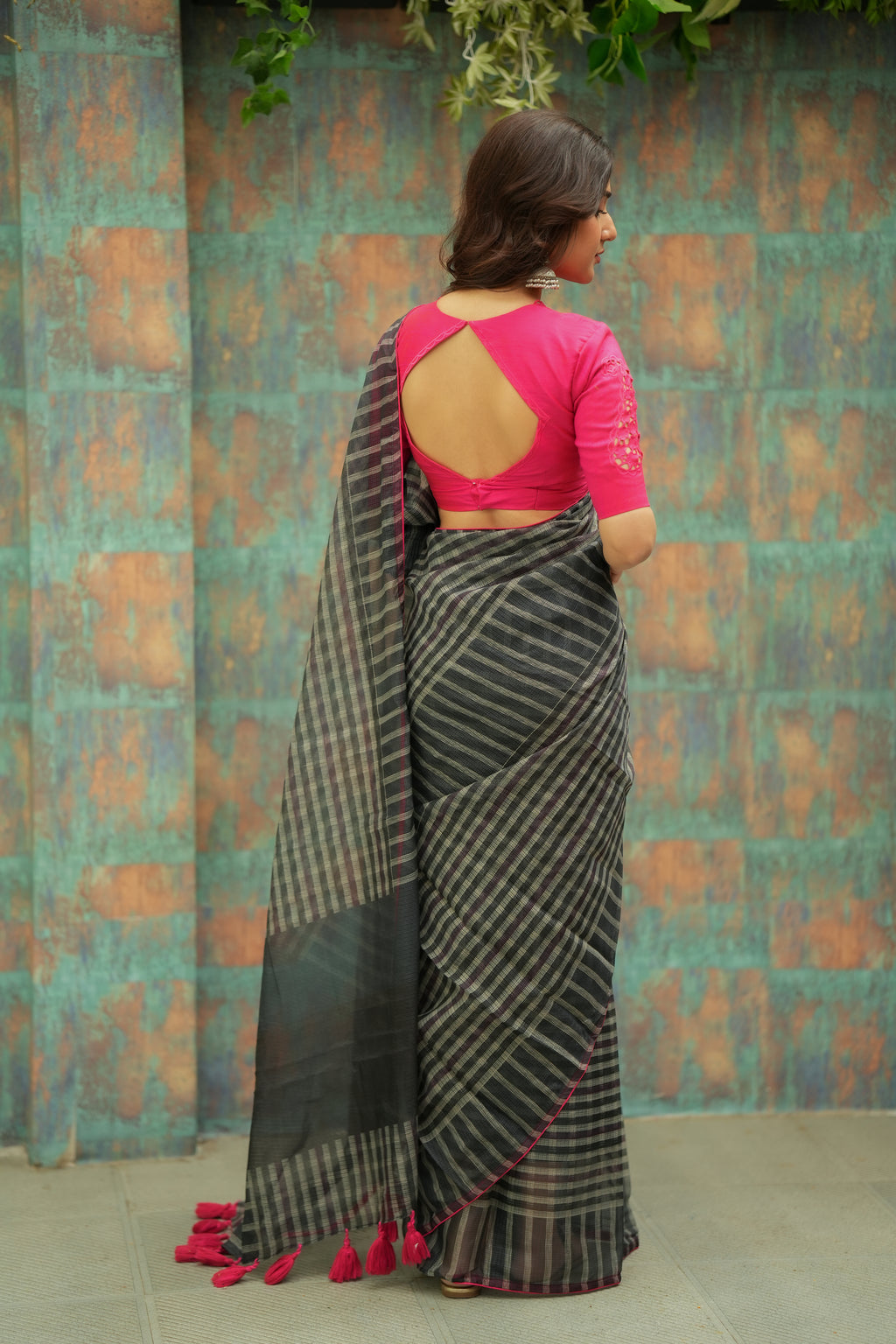 Black & cream stripe kota saree with pink hand work blouse