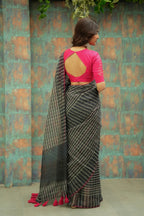 Black & cream stripe kota saree with pink hand work blouse