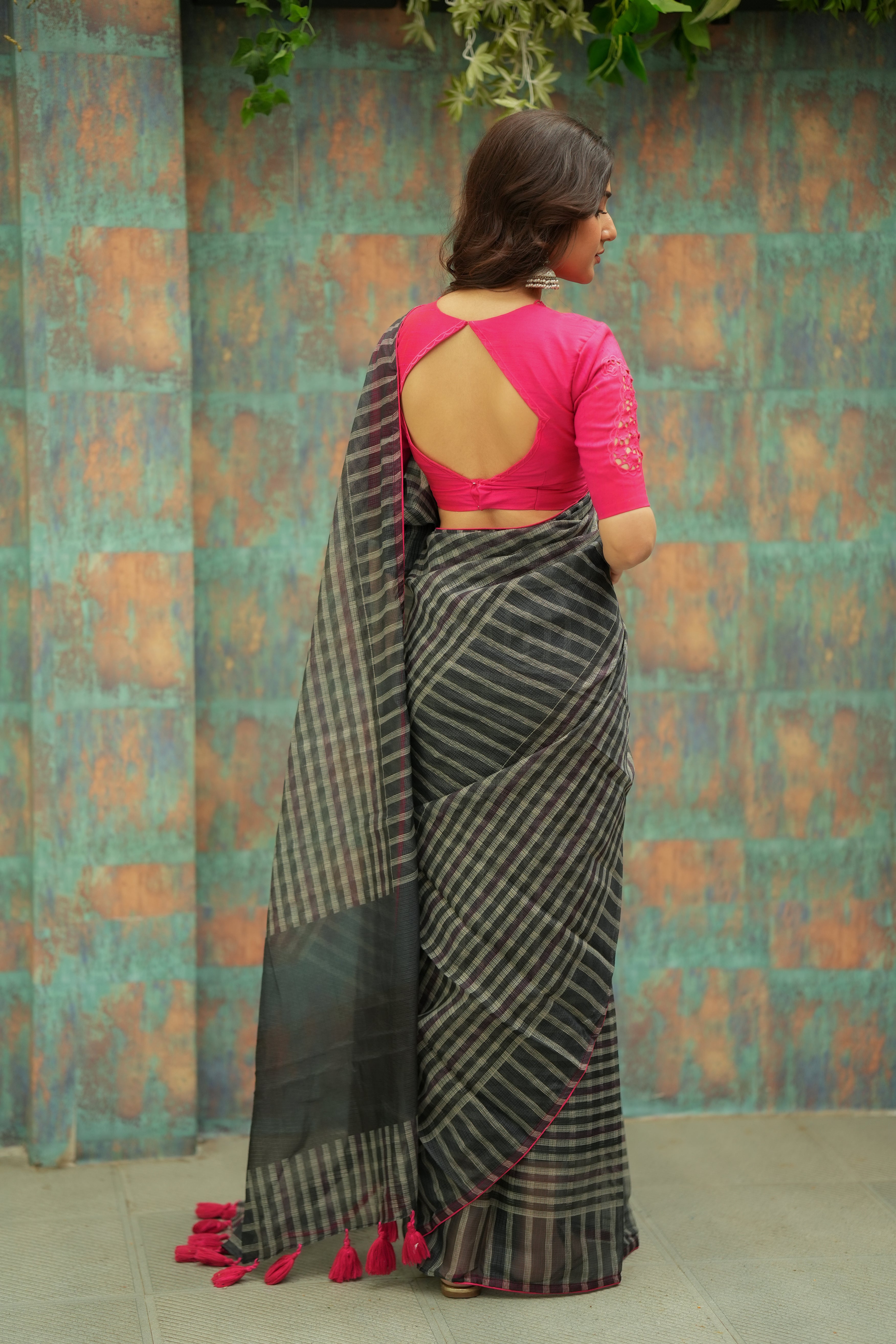 Black & cream stripe kota saree with pink hand work blouse