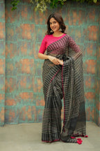 Black & cream stripe kota saree with pink hand work blouse