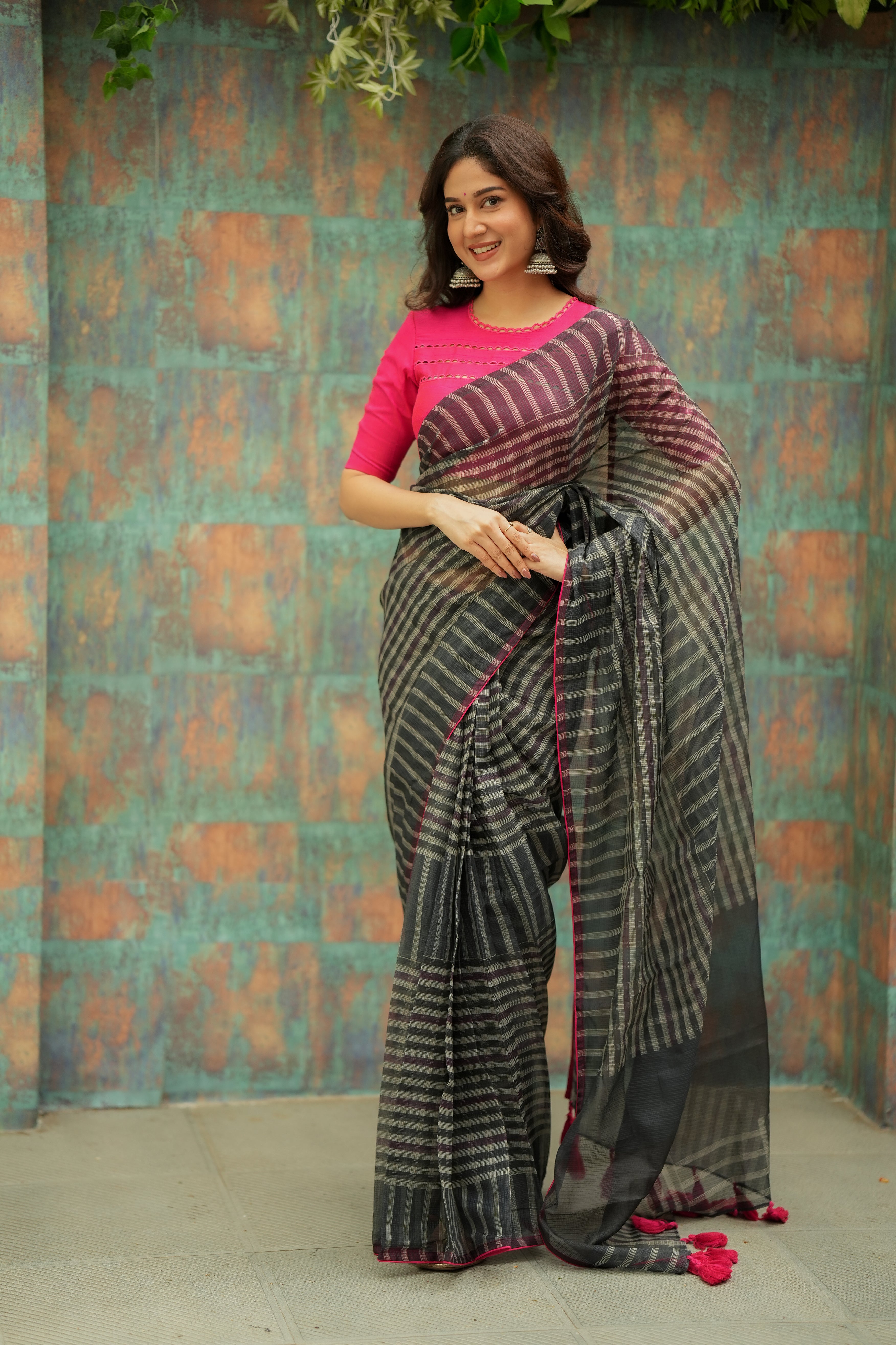 Black & cream stripe kota saree with pink hand work blouse