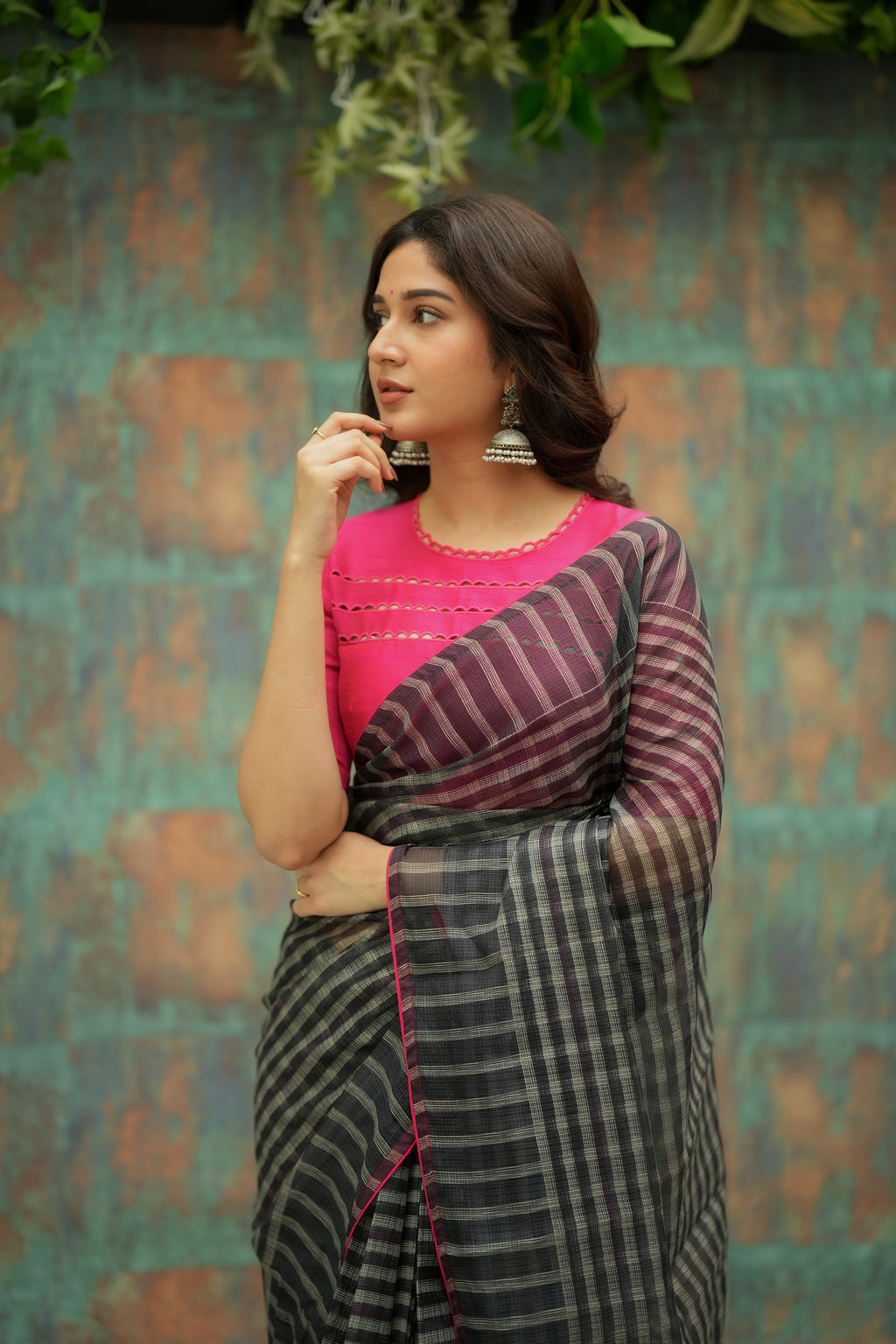 Black & cream stripe kota saree with pink hand work blouse