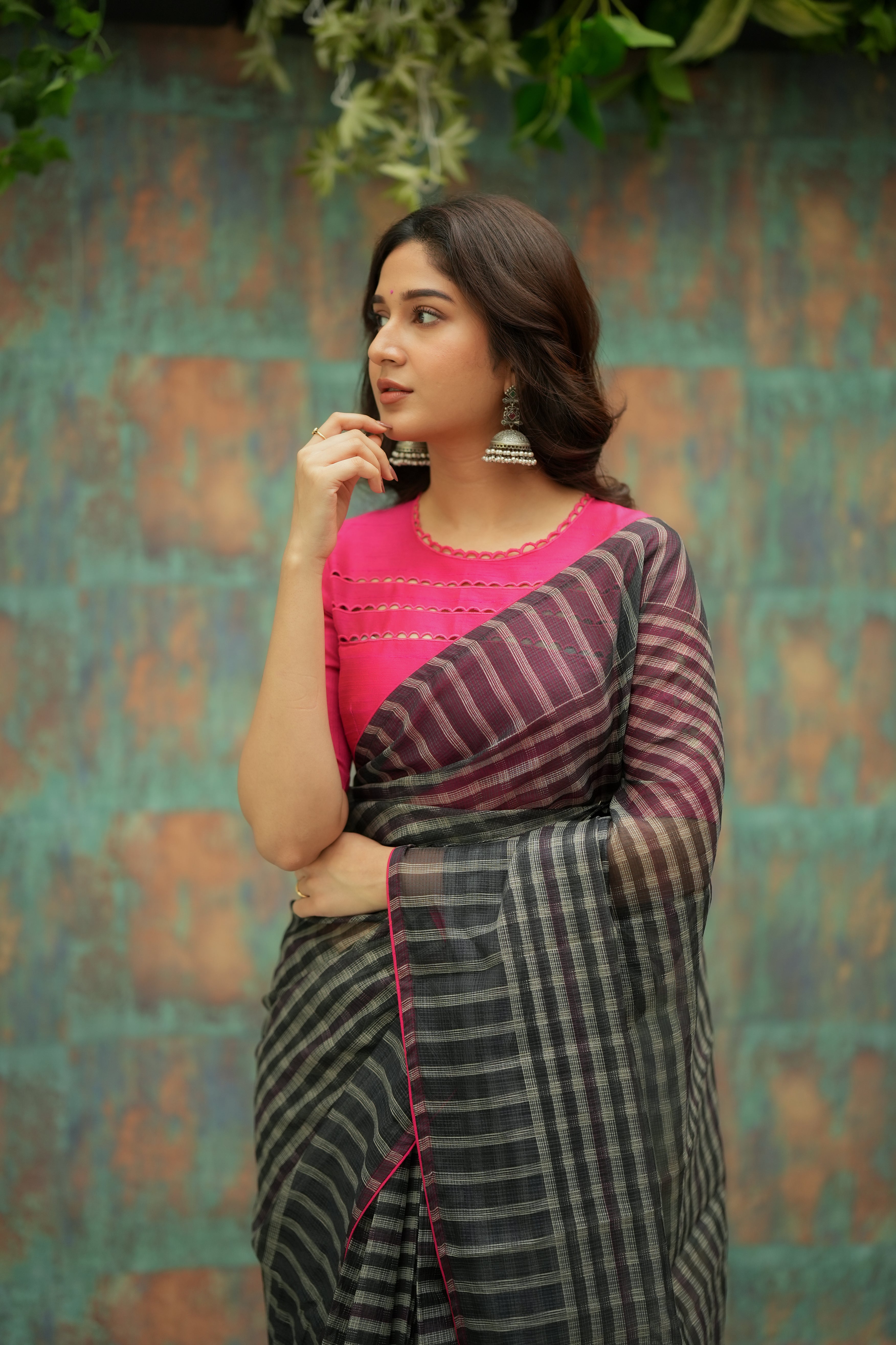 Black & cream stripe kota saree with pink hand work blouse