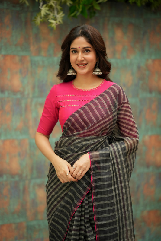 Black & cream stripe kota saree with pink hand work blouse