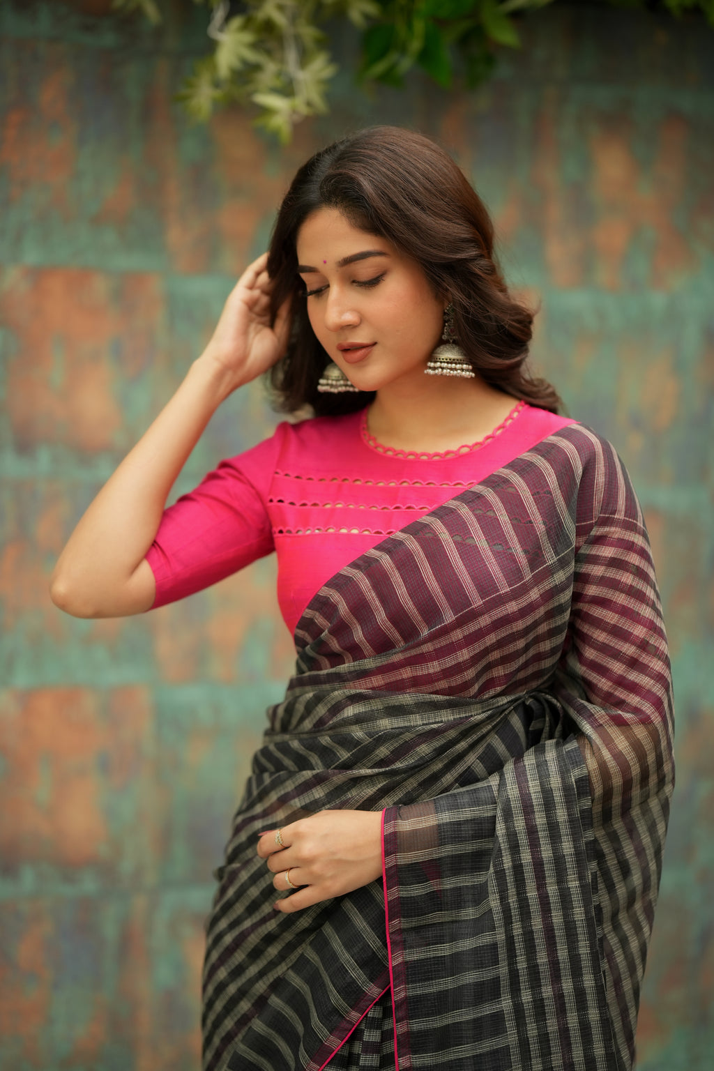 Black & cream stripe kota saree with pink hand work blouse