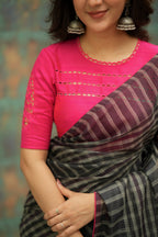 Black & cream stripe kota saree with pink hand work blouse