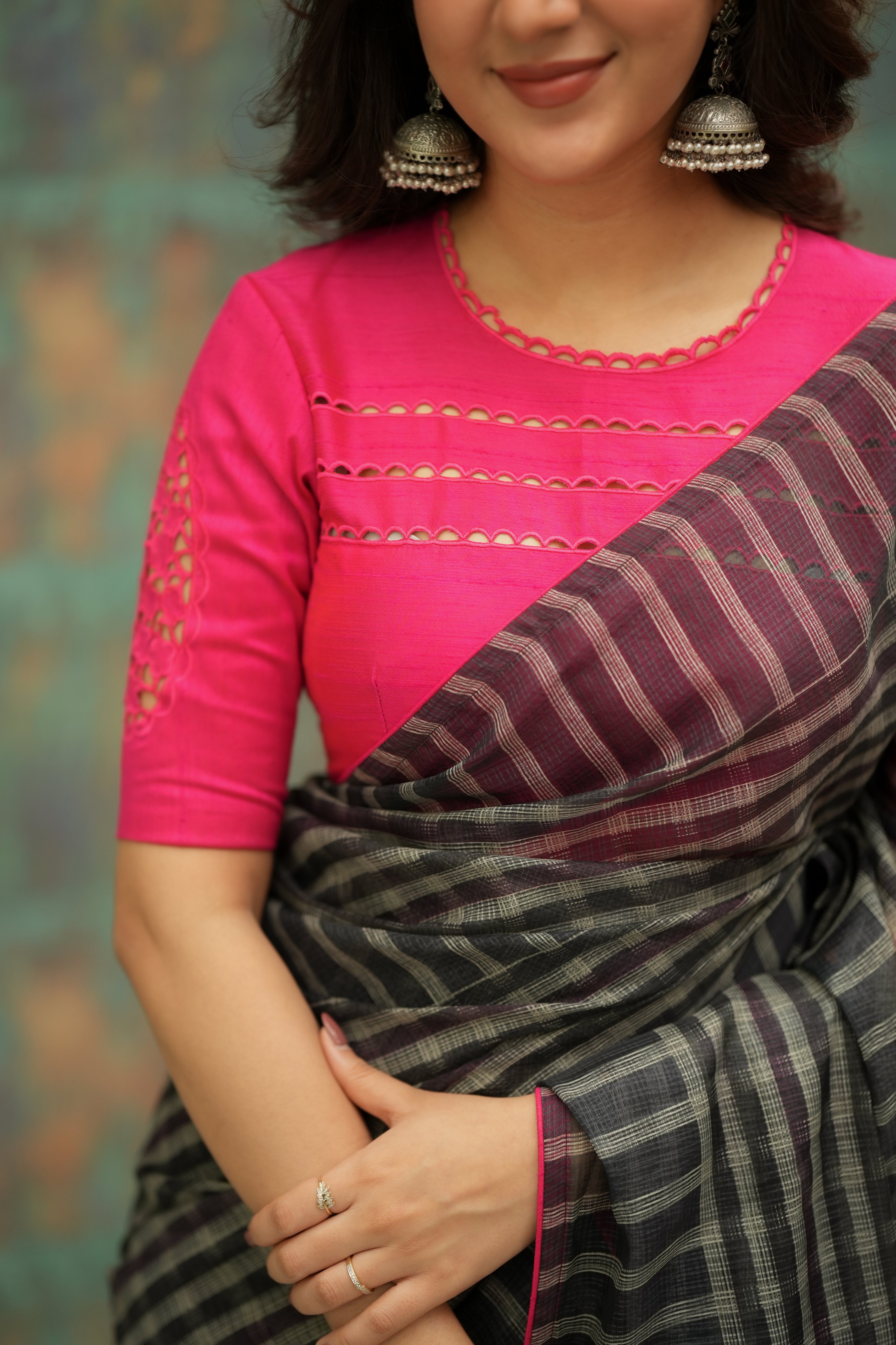 Black & cream stripe kota saree with pink hand work blouse