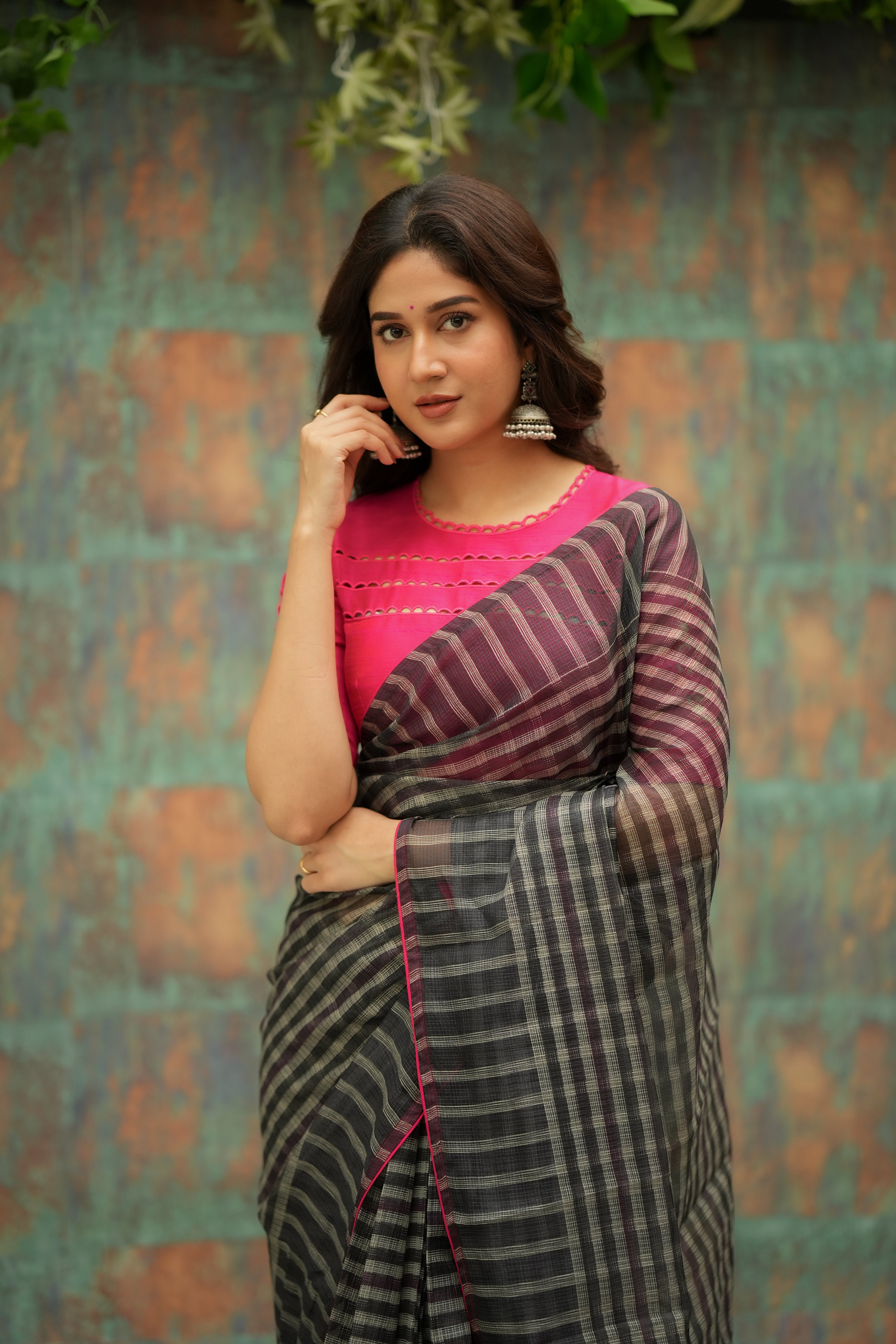 Black & cream stripe kota saree with pink hand work blouse