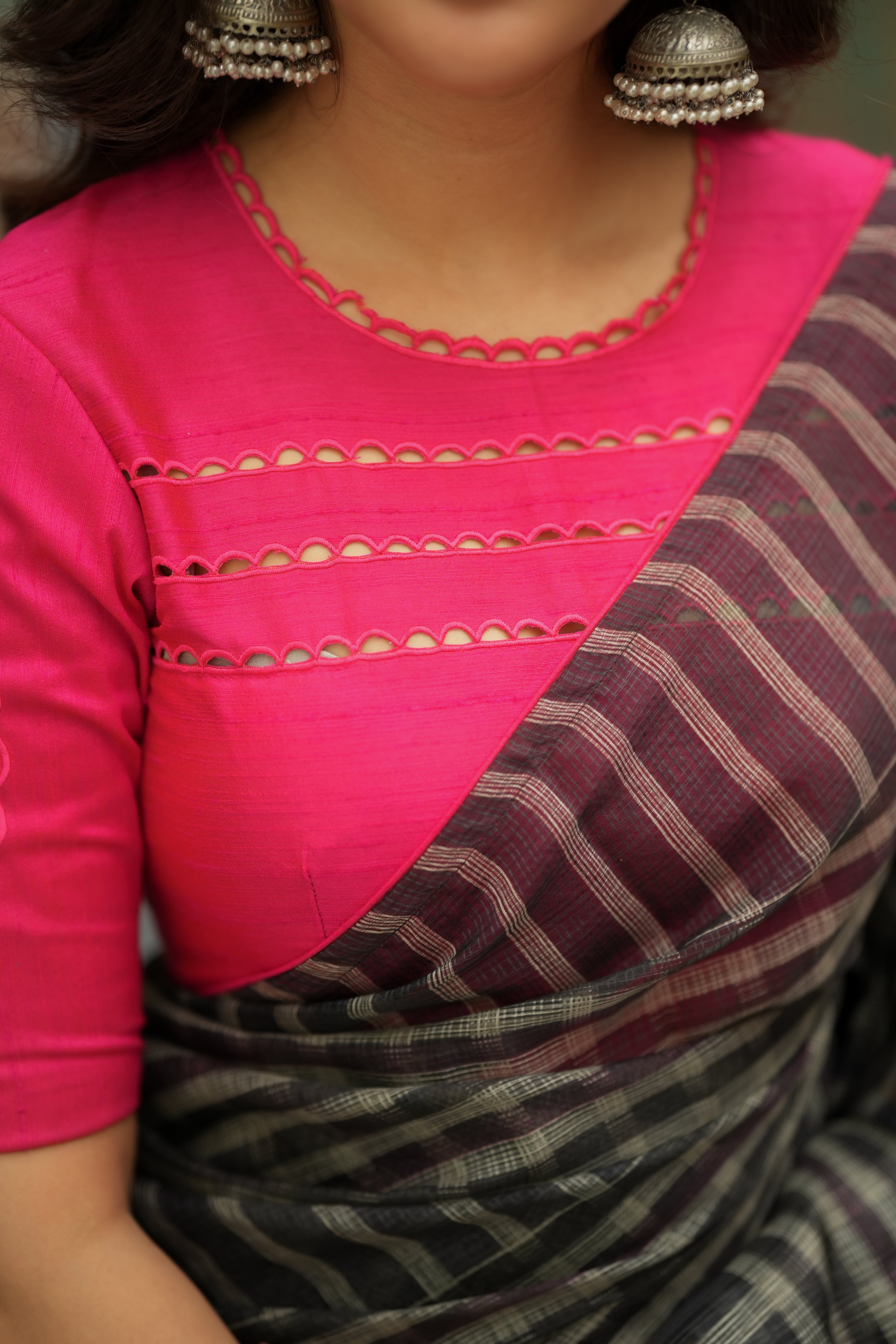 Black & cream stripe kota saree with pink hand work blouse