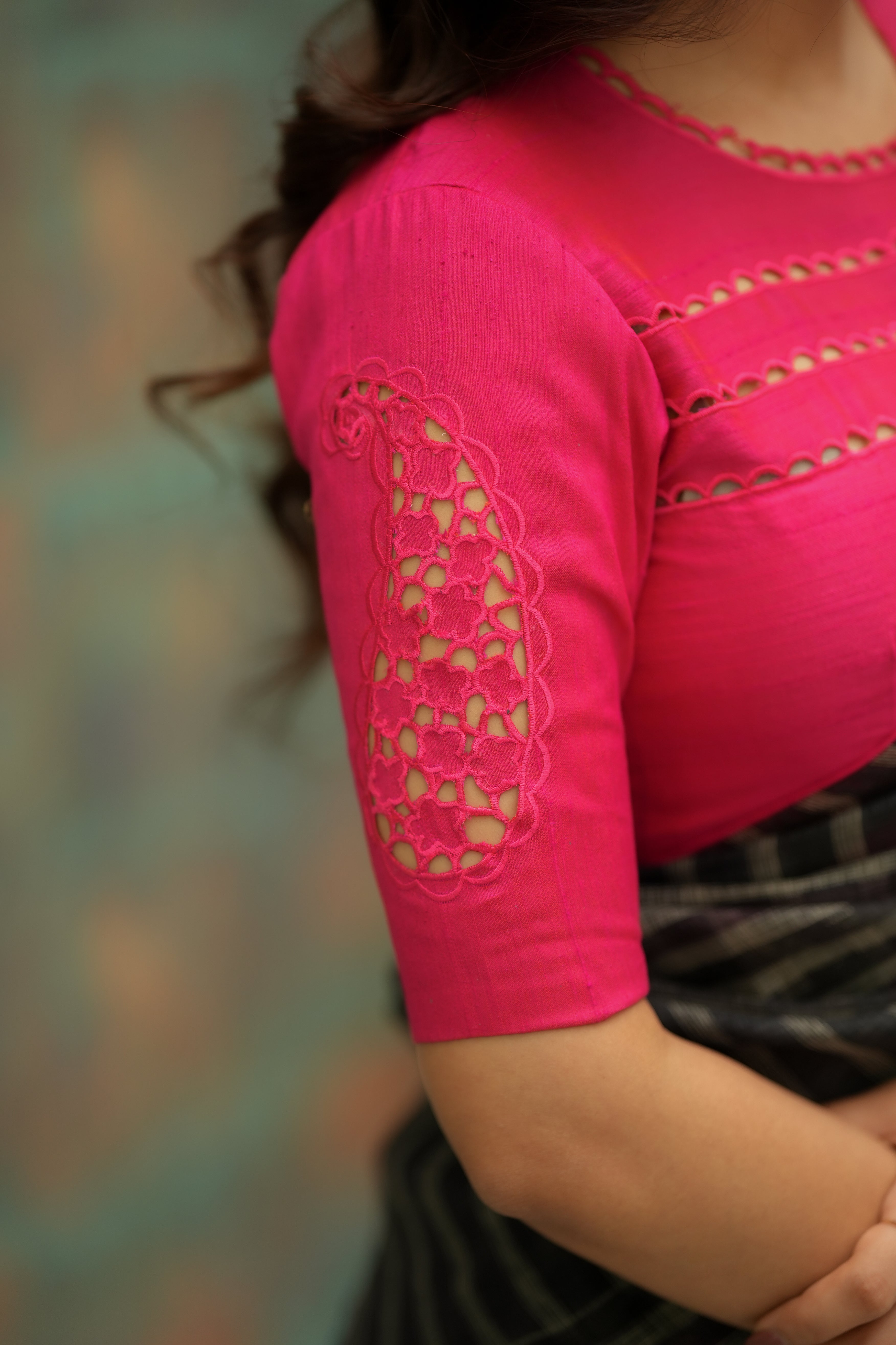 Black & cream stripe kota saree with pink hand work blouse