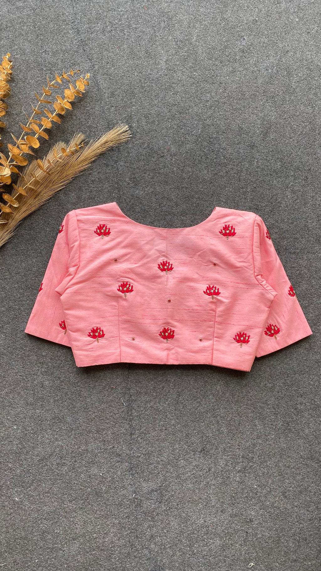Peach silk intricate floral hand work blouse