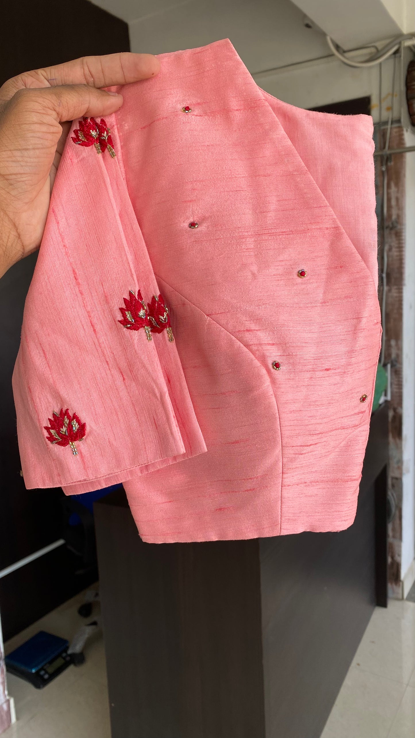 Peach silk intricate floral hand work blouse