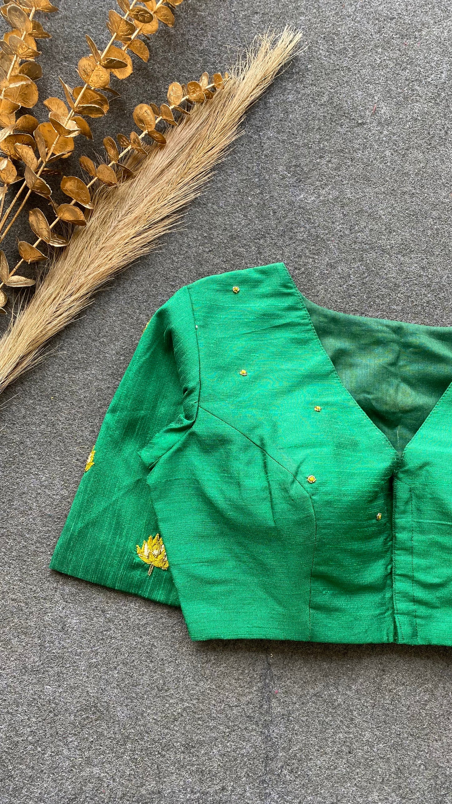 Green silk intricate floral hand work blouse