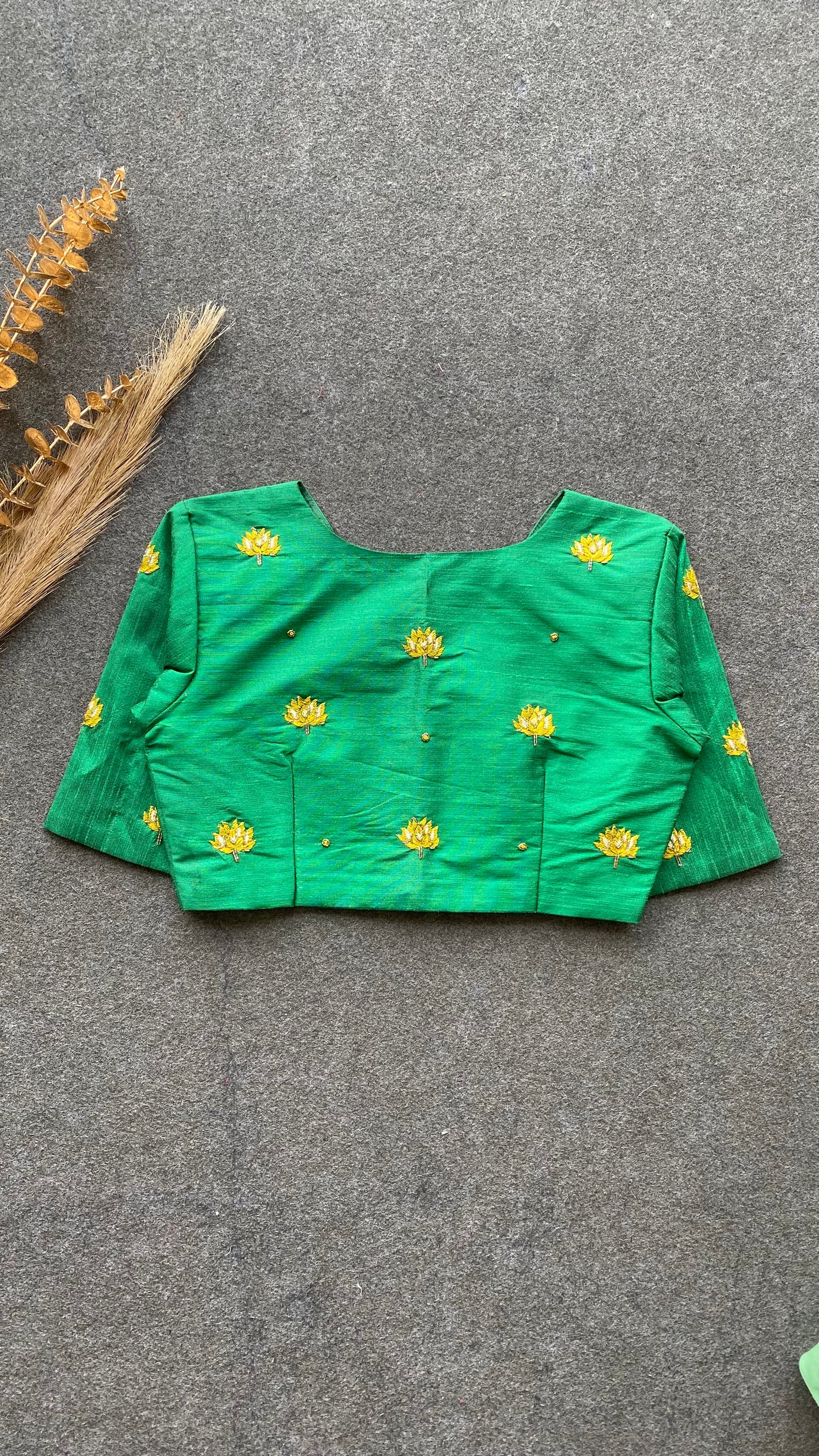 Green silk intricate floral hand work blouse