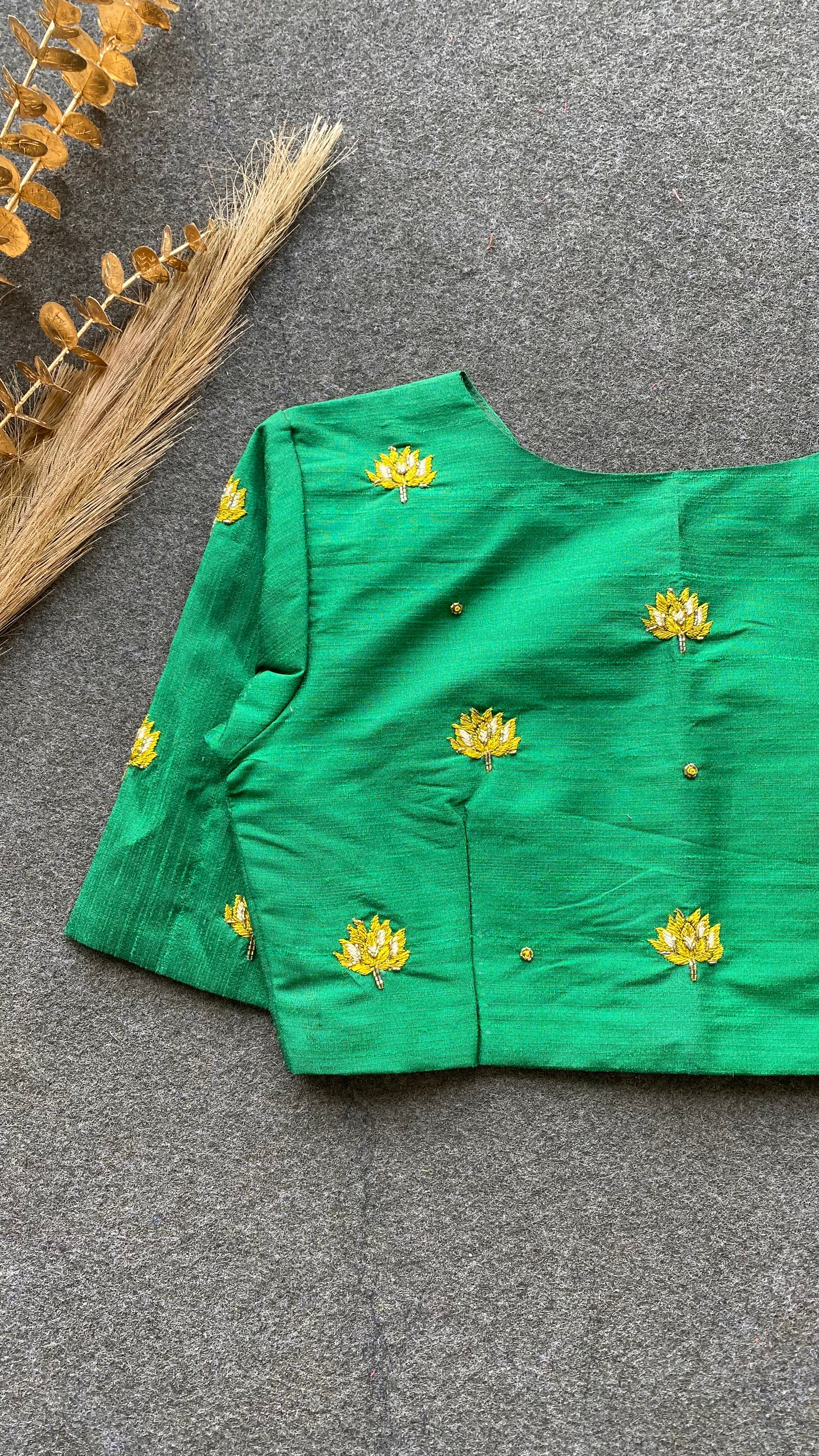 Green silk intricate floral hand work blouse