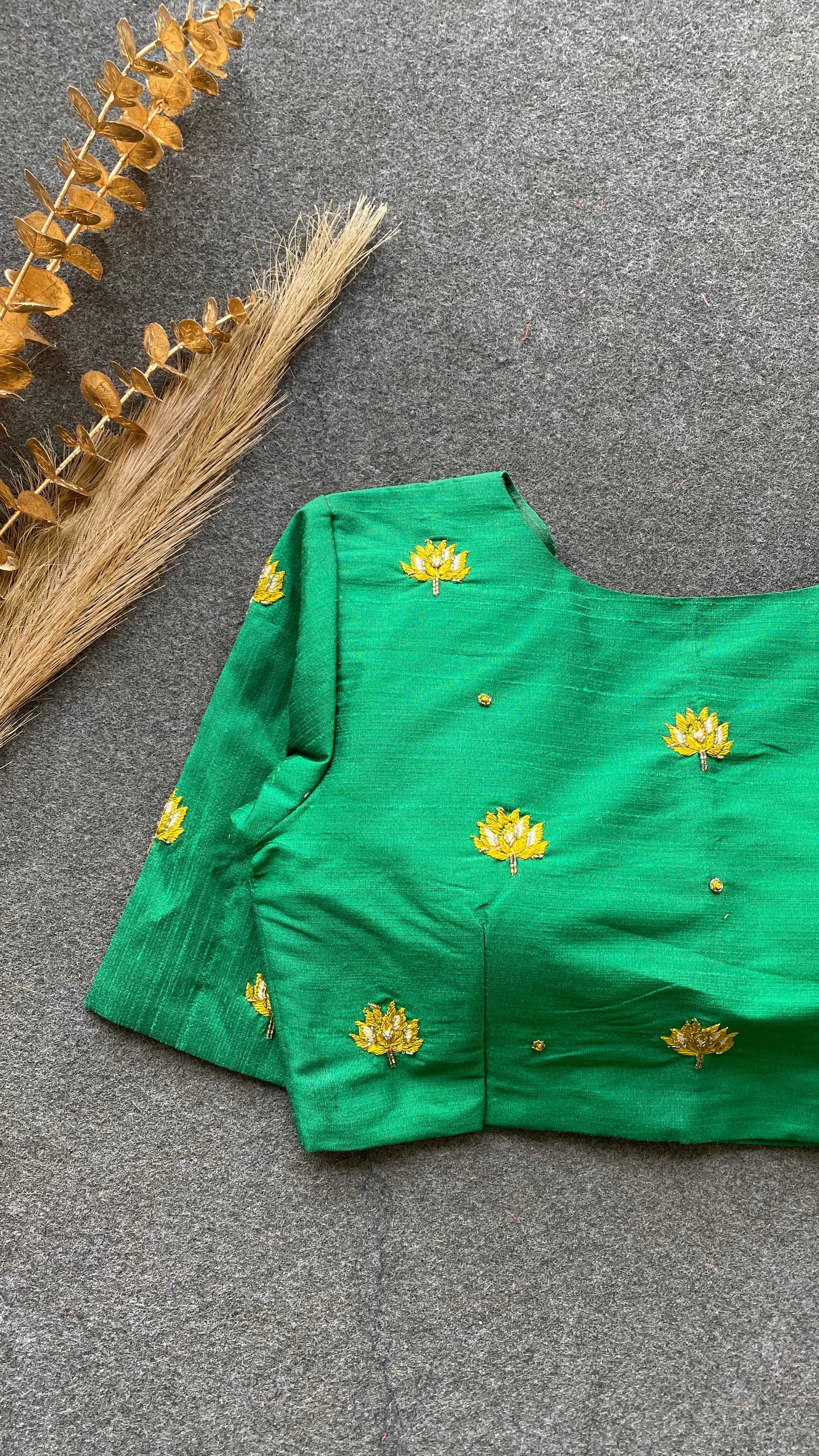 Green silk intricate floral hand work blouse