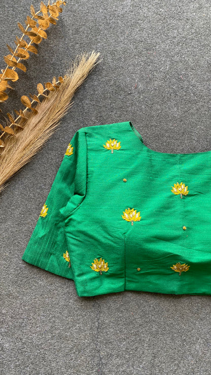 Green silk intricate floral hand work blouse