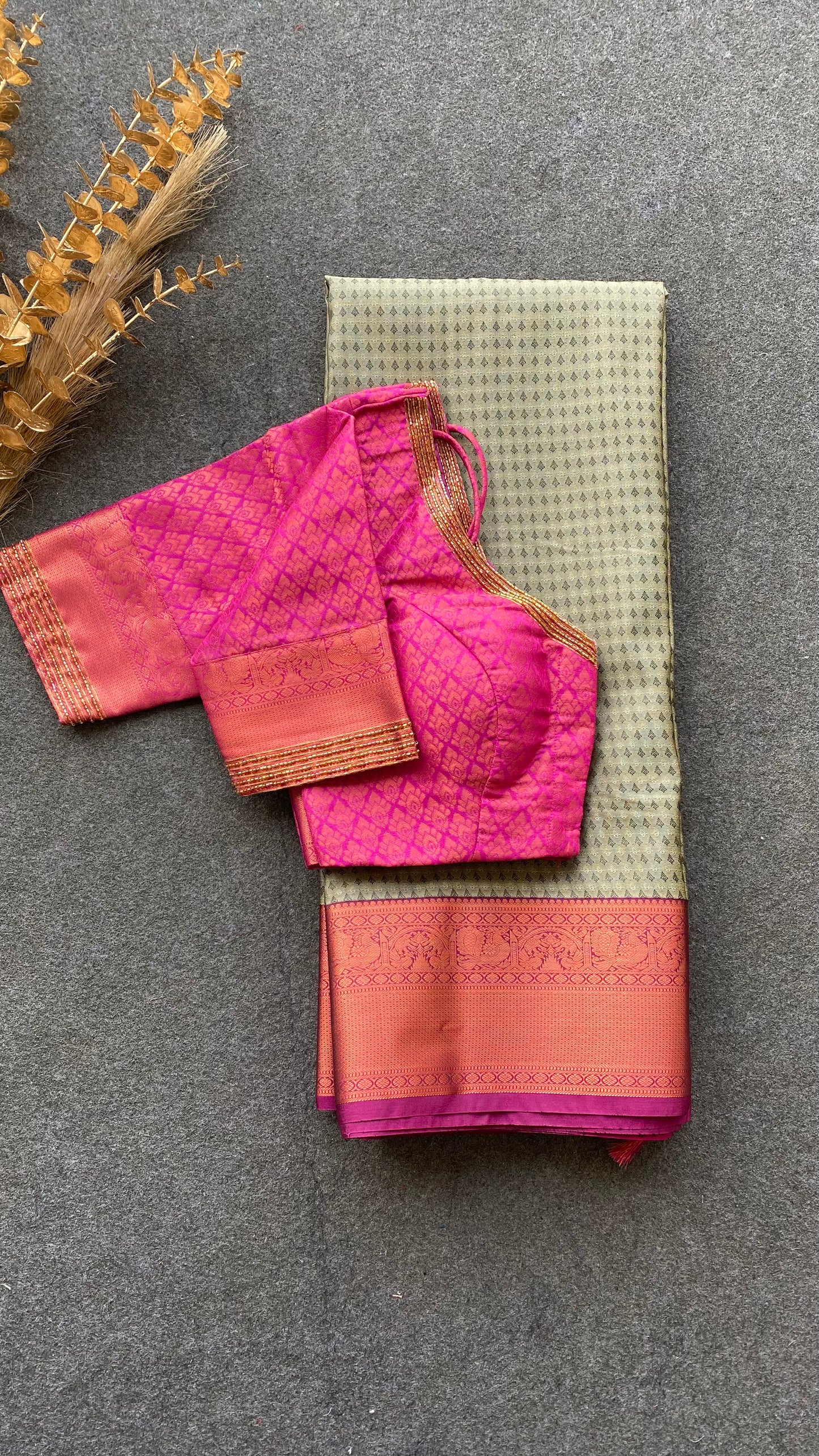 Grey and pink silk saree with hand worked blouse