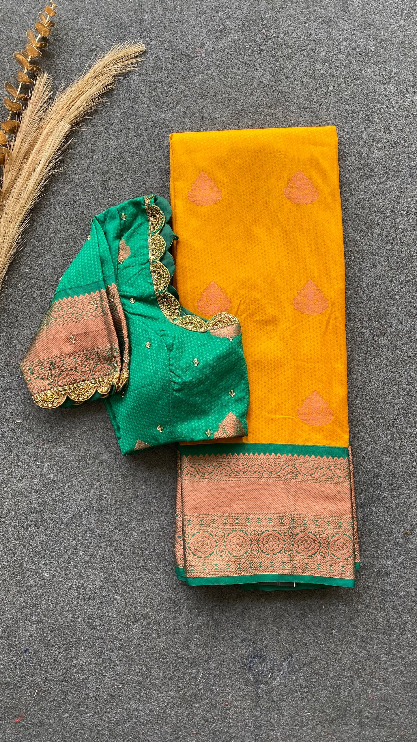 Yellow and green silk saree with hand work blouse