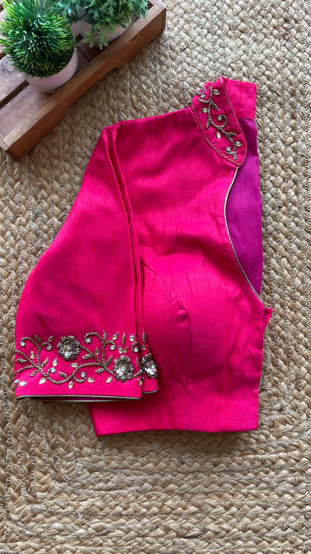 Pink silk collar & sleeves hand worked blouse