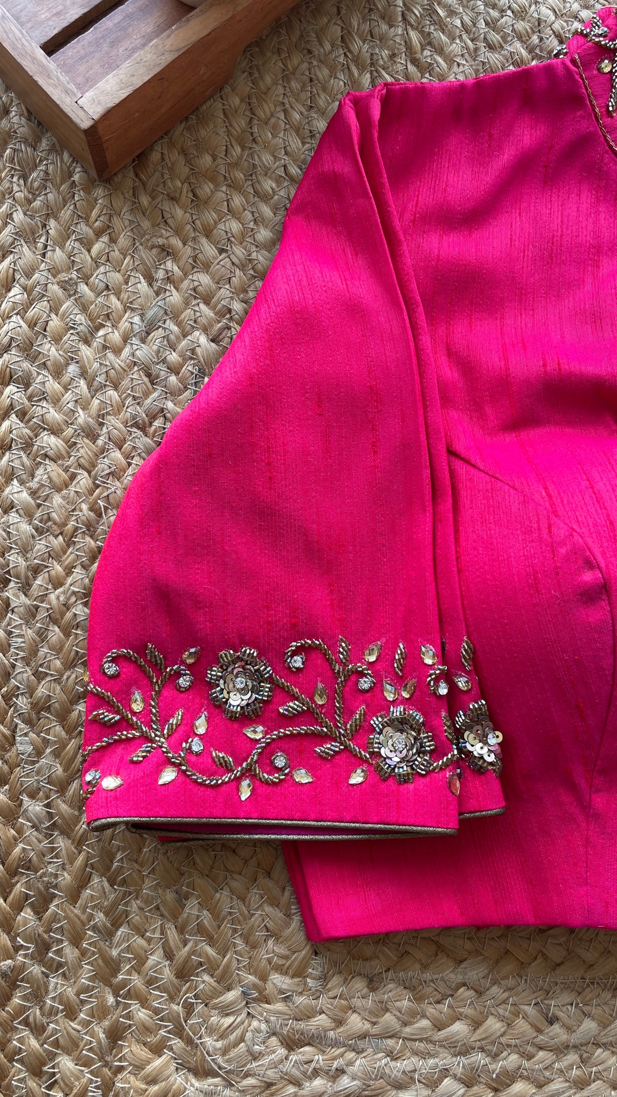Pink silk collar & sleeves hand worked blouse