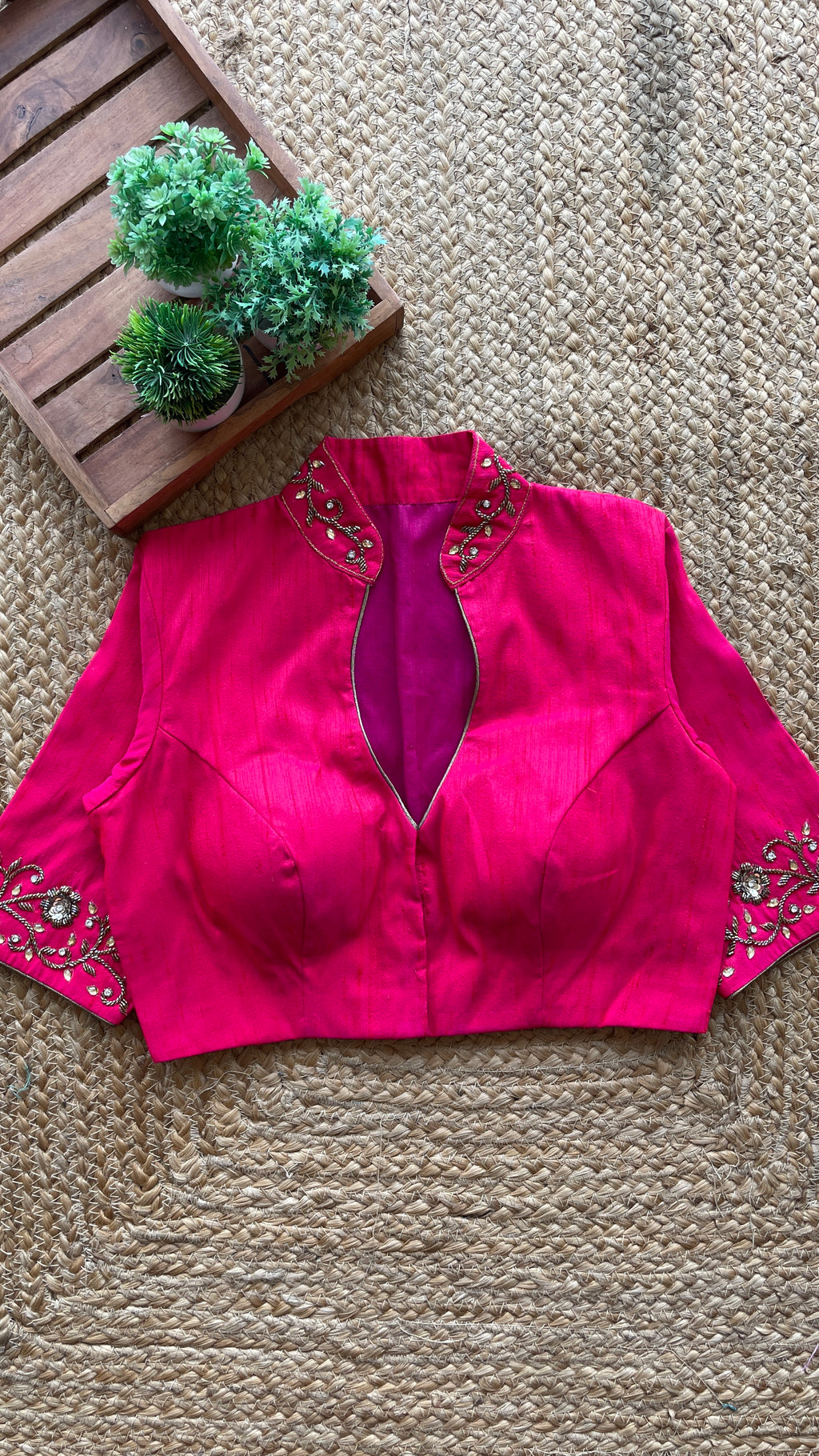 Pink silk collar & sleeves hand worked blouse