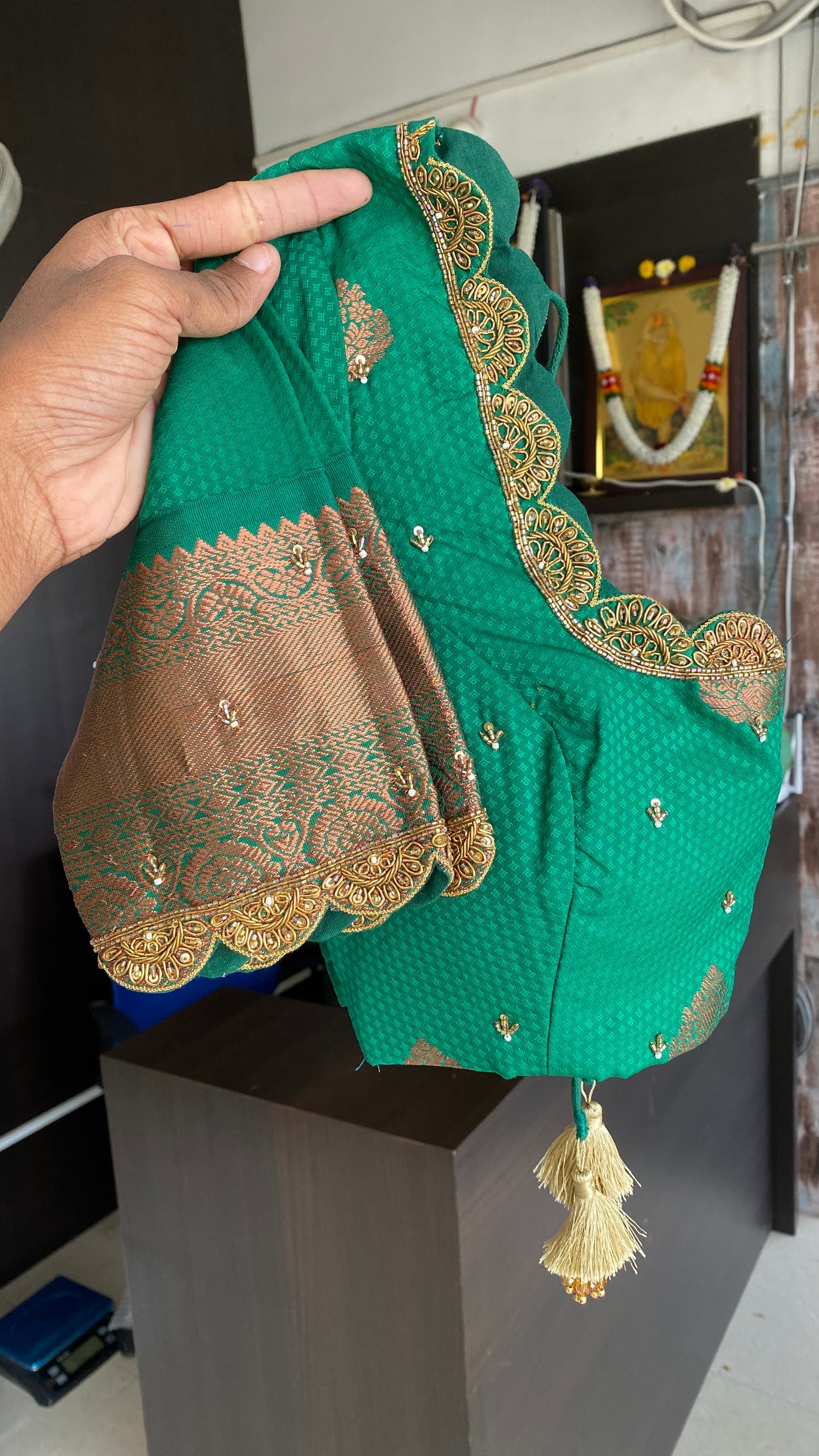 Yellow and green silk saree with hand work blouse