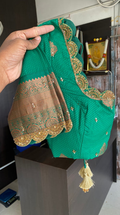 Yellow and green silk saree with hand work blouse