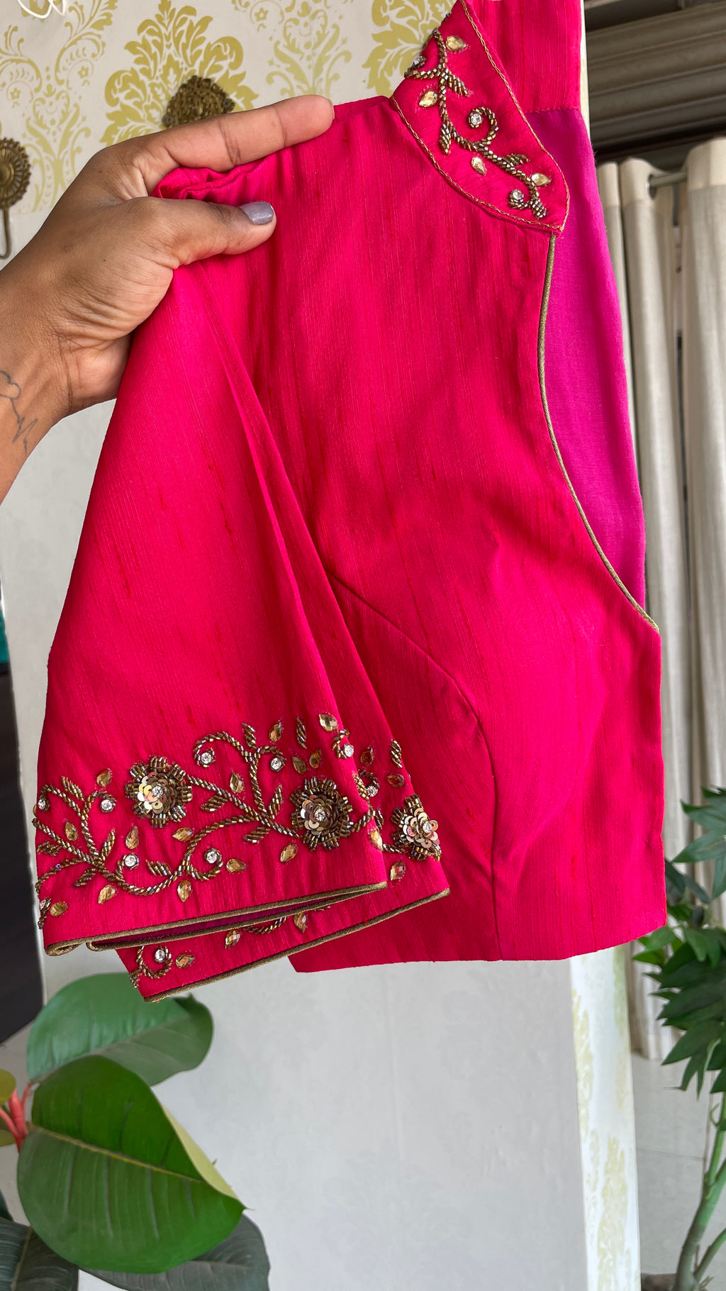 Pink silk collar & sleeves hand worked blouse