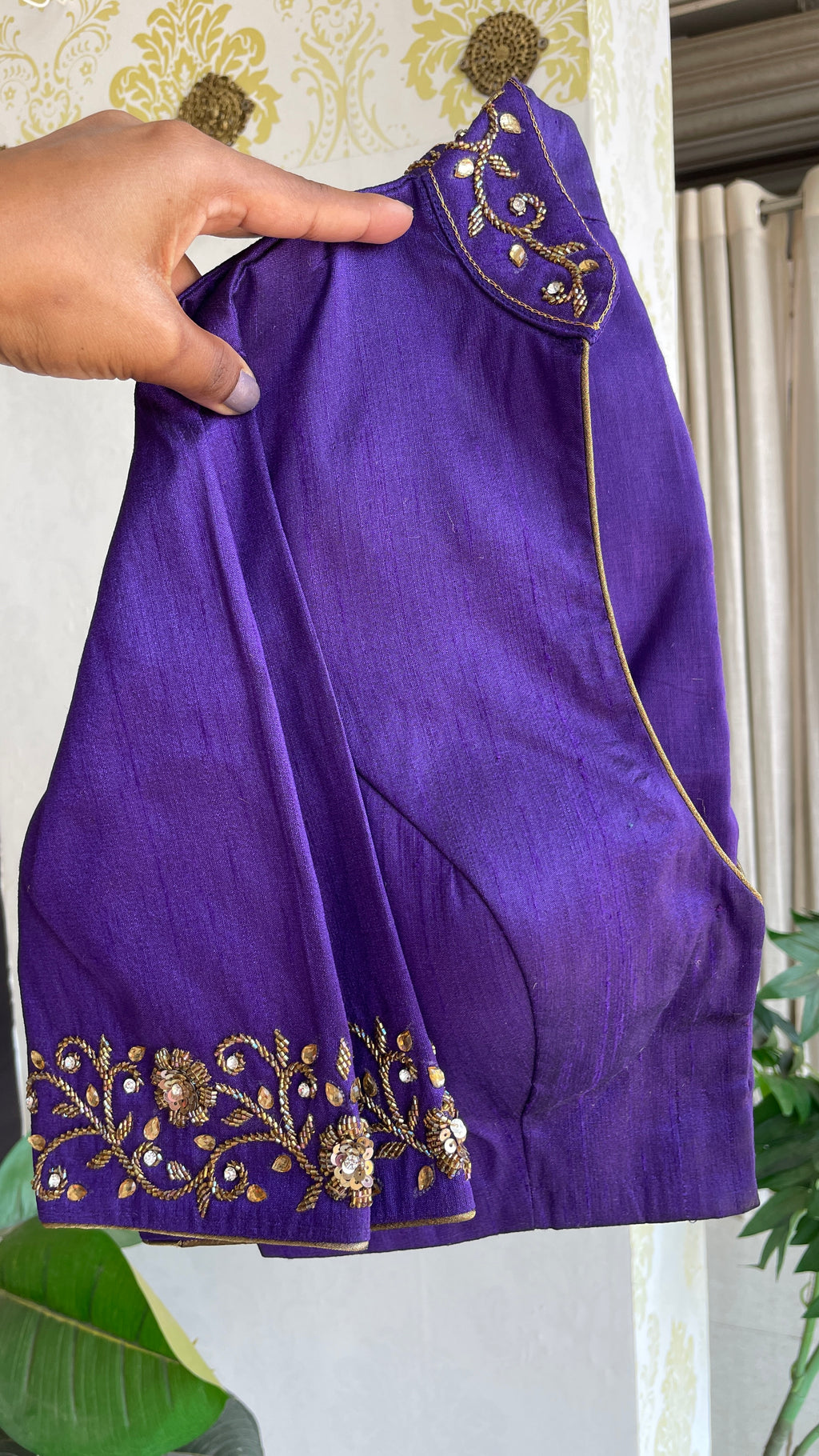 Purple silk collar & sleeves hand worked blouse