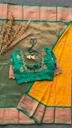Yellow and green silk saree with hand work blouse