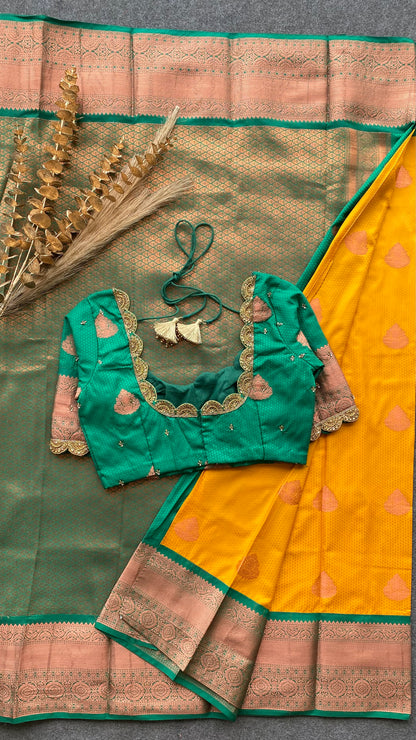 Yellow and green silk saree with hand work blouse