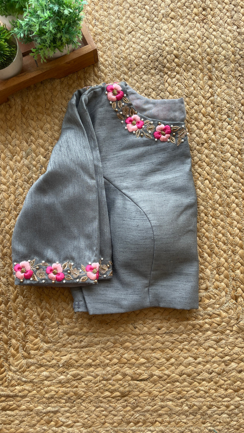 Grey silk floral intricate hand worked blouse
