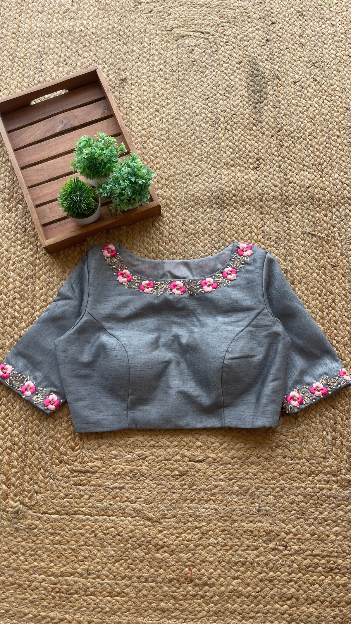 Grey silk floral intricate hand worked blouse