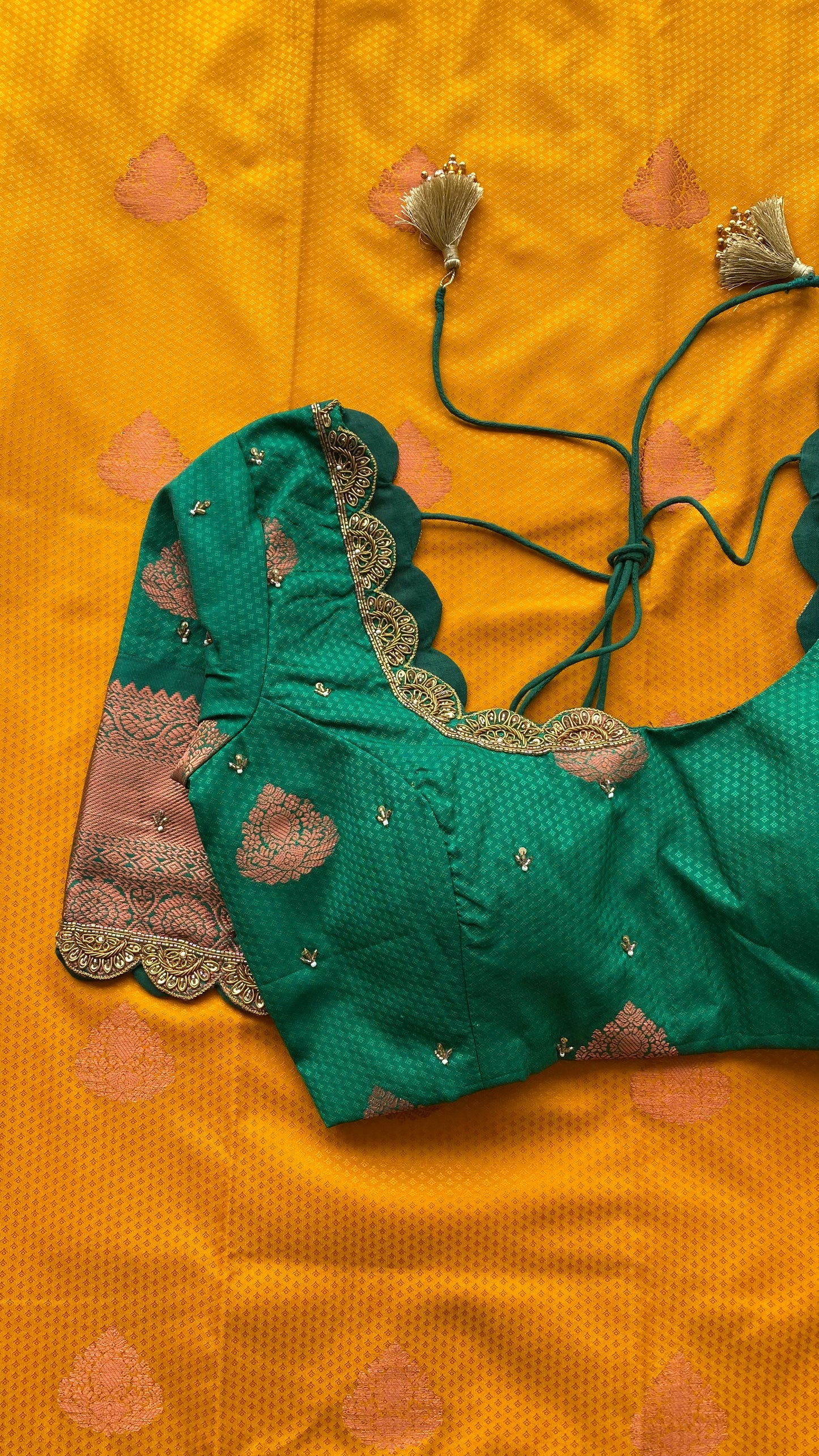 Yellow and green silk saree with hand work blouse