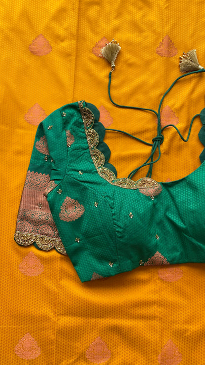 Yellow and green silk saree with hand work blouse