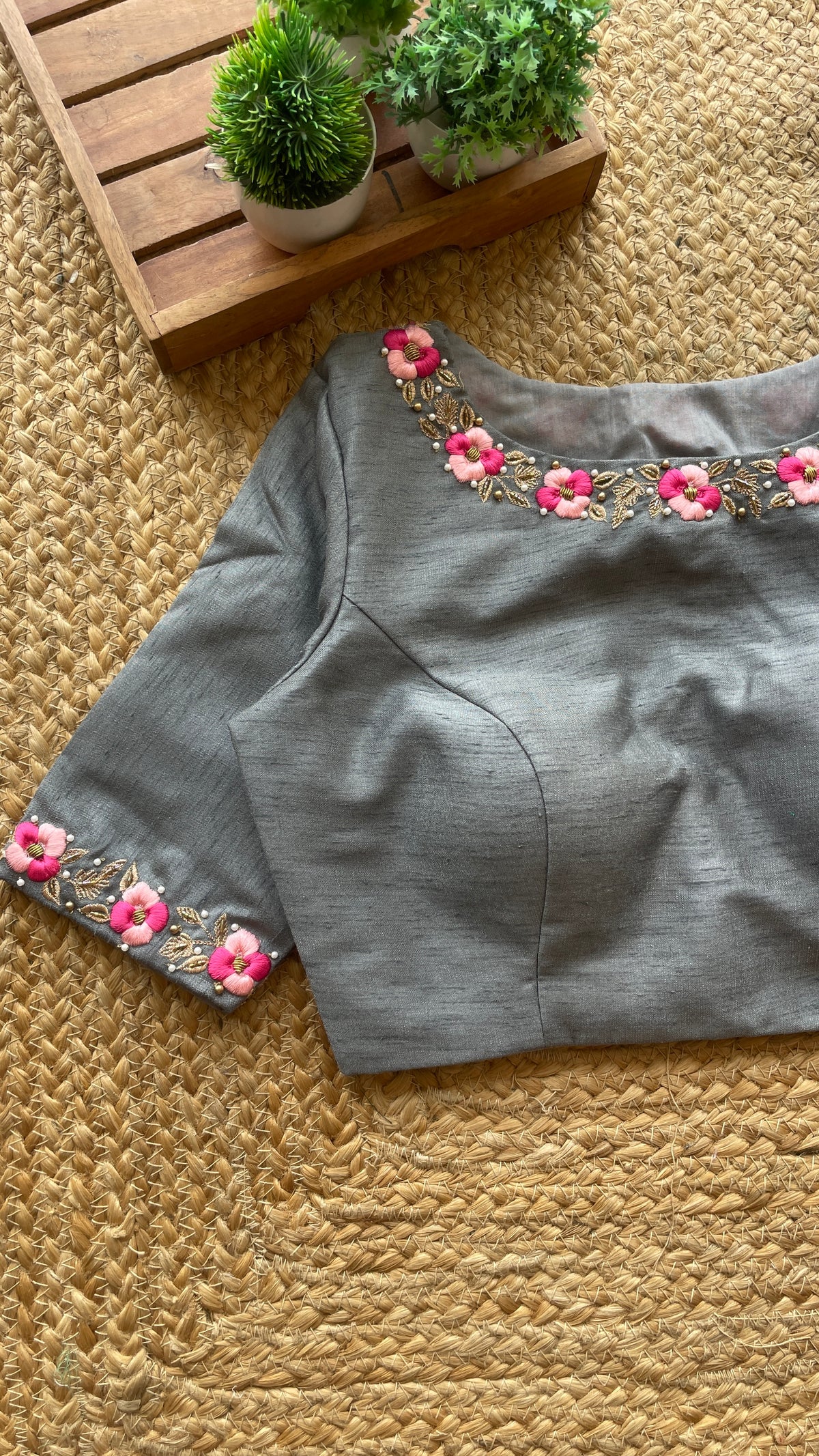 Grey silk floral intricate hand worked blouse