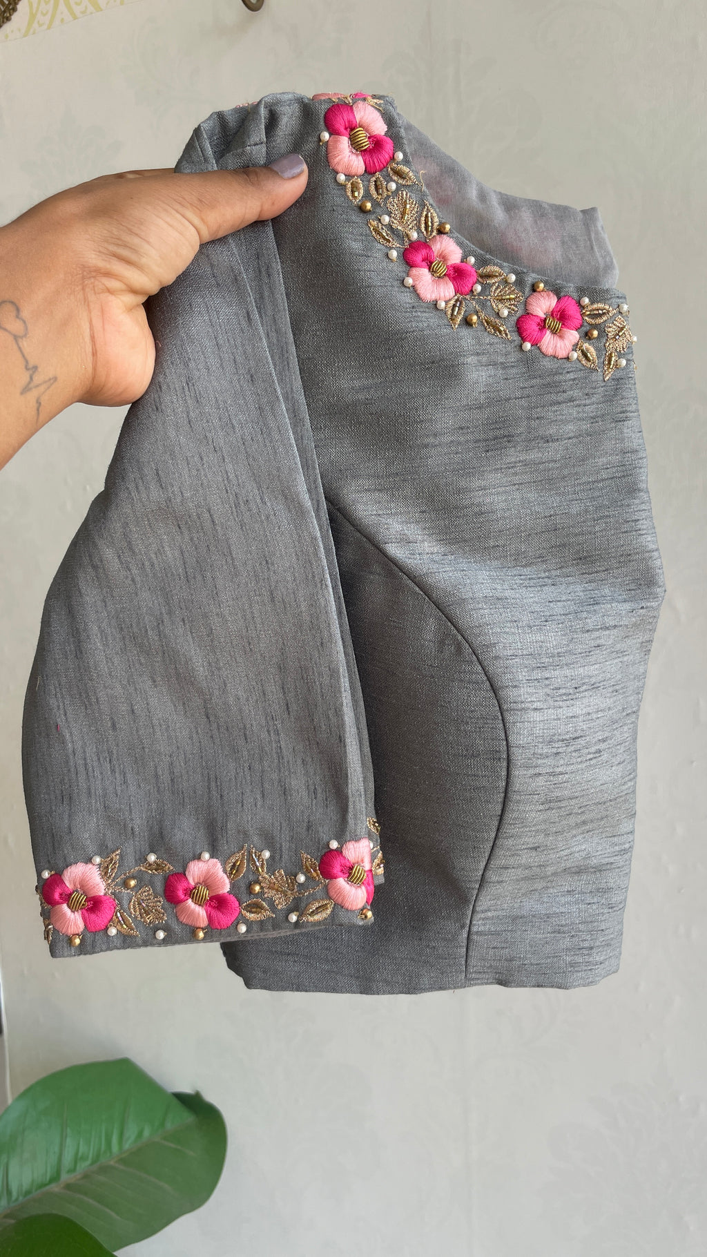 Grey silk floral intricate hand worked blouse