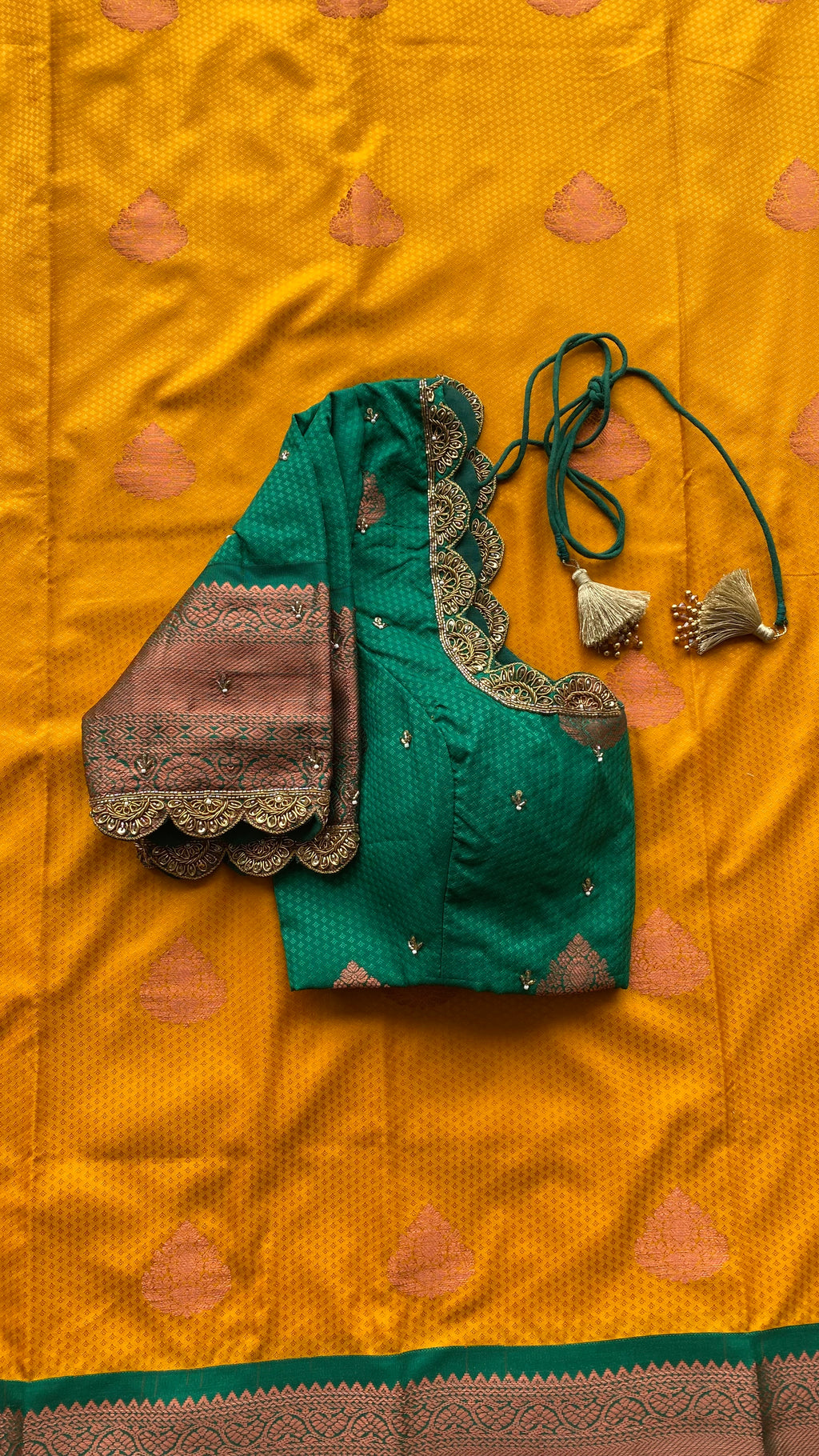 Yellow and green silk saree with hand work blouse