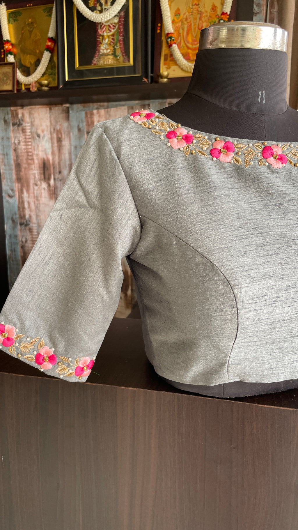 Grey silk floral intricate hand worked blouse