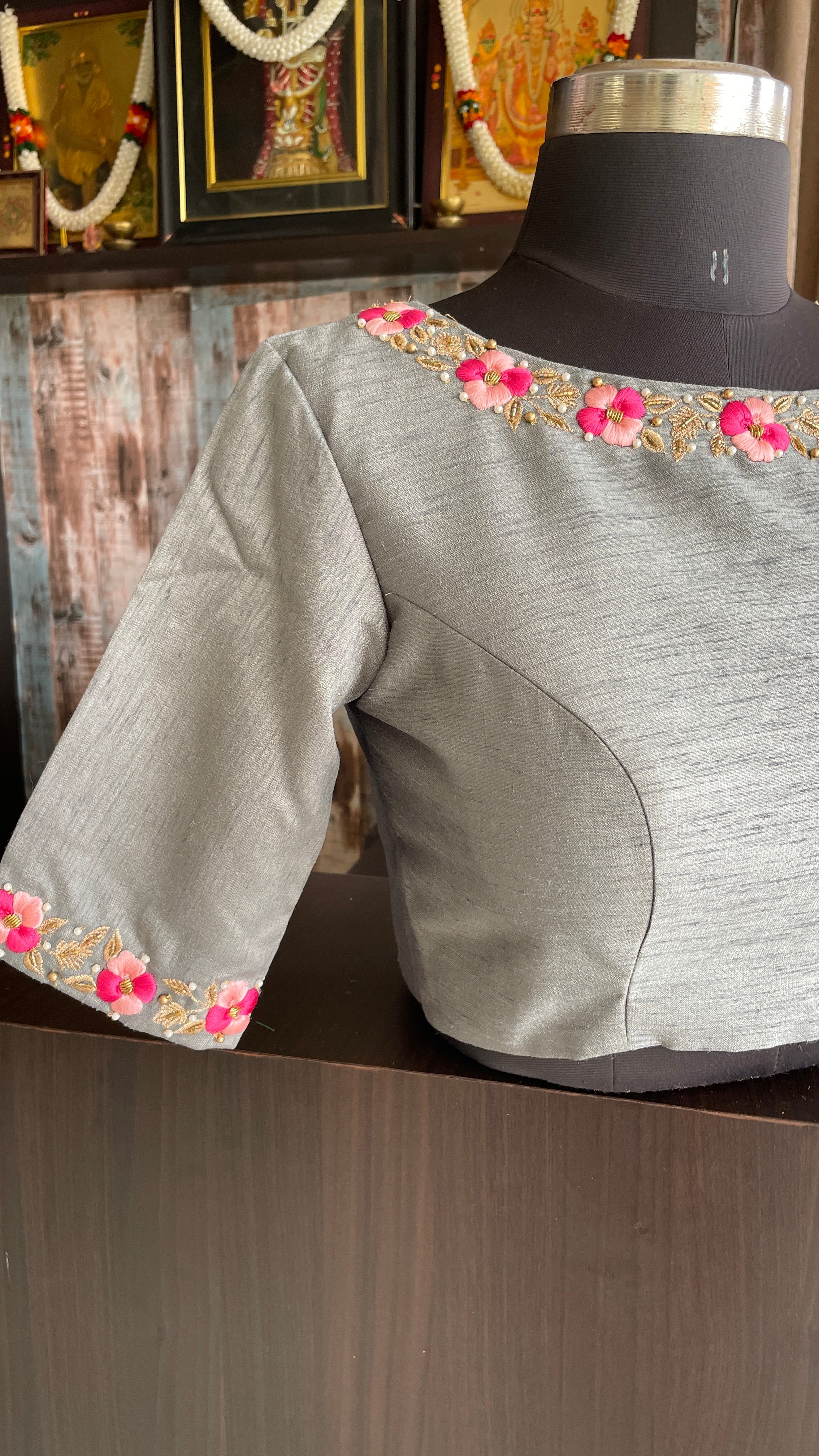 Grey silk floral intricate hand worked blouse