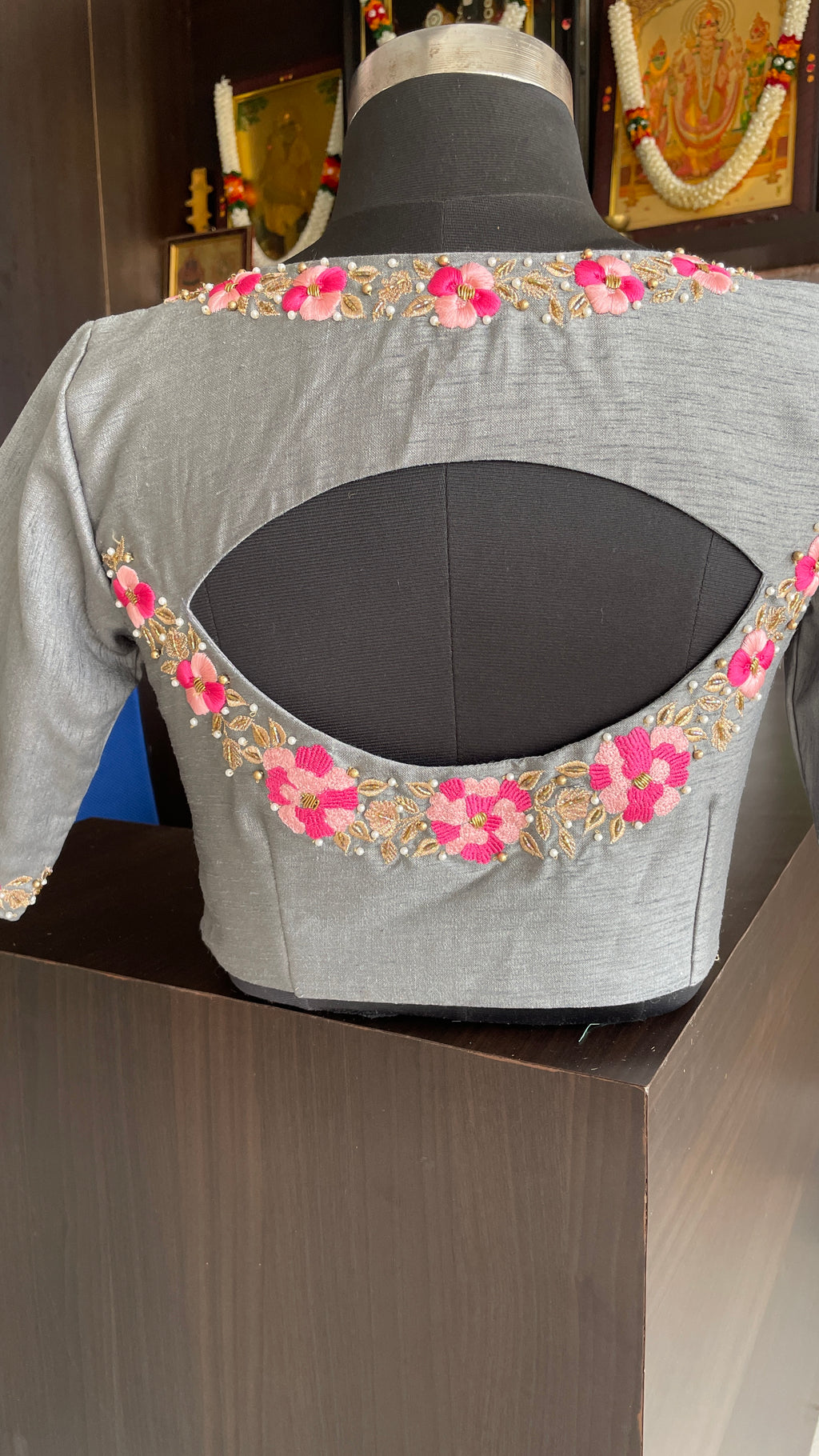Grey silk floral intricate hand worked blouse